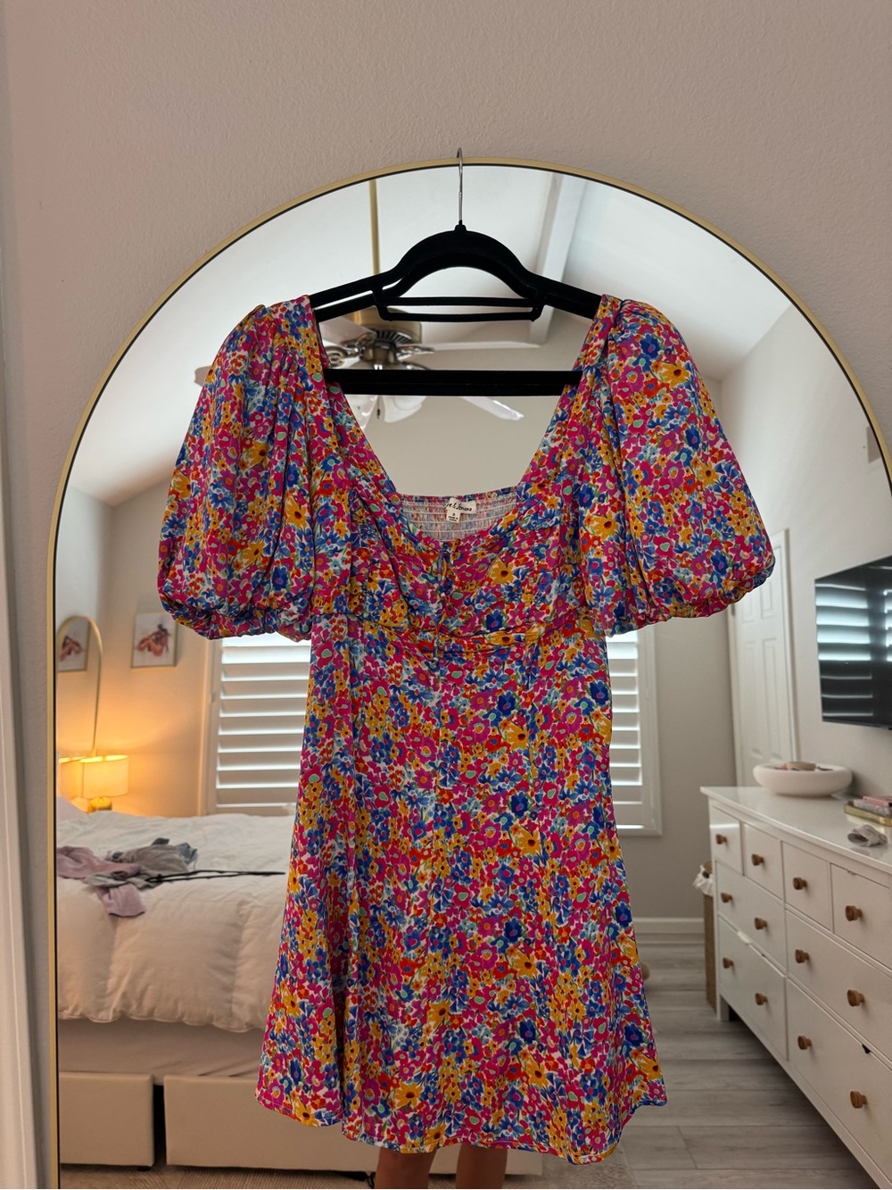 Floral Puff-Sleeve Mini Dress in Multicolor - Picture 1 of 3